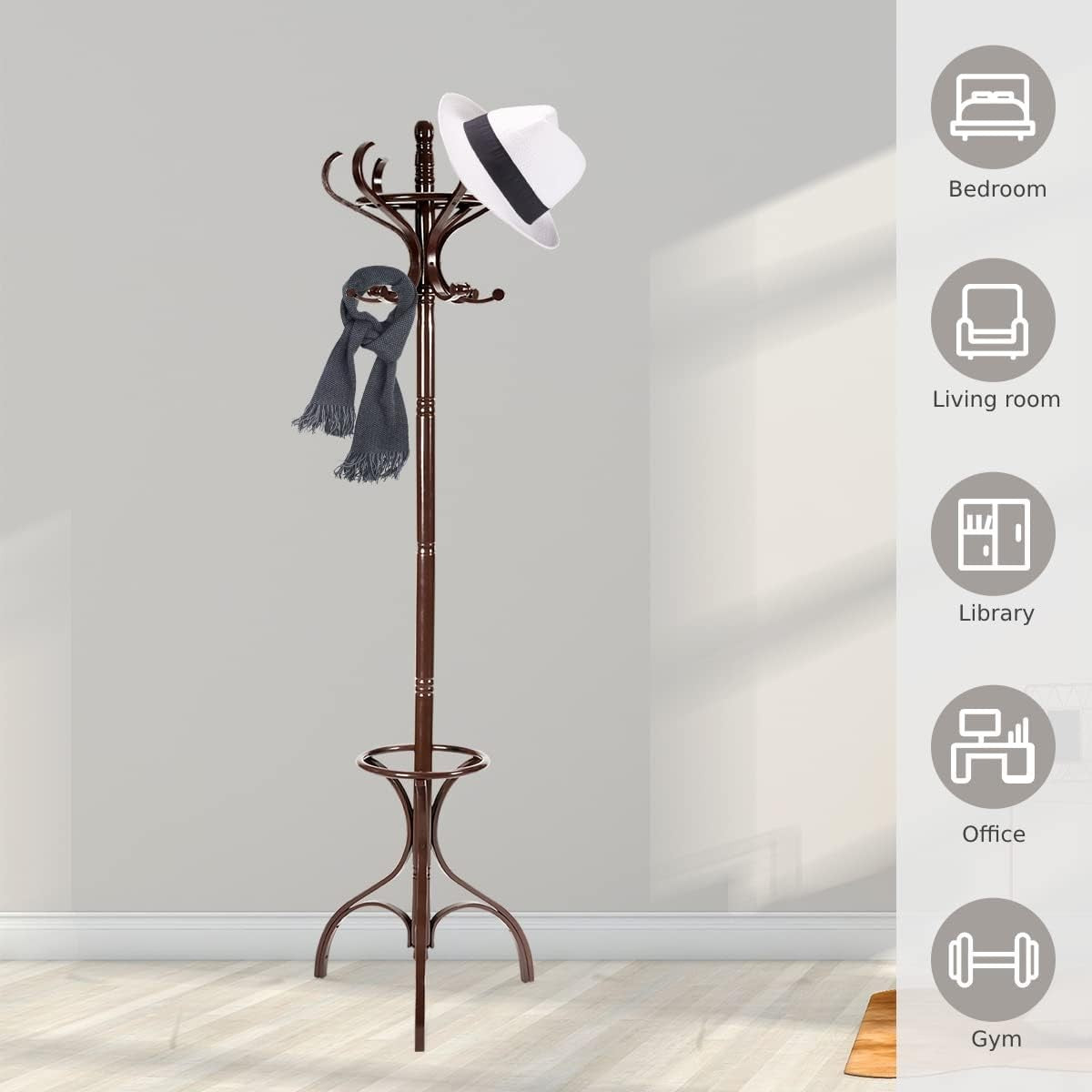 360° Rotating Mahogany Wooden Coat Rack Stand 12 Hooks Freestanding Hanger