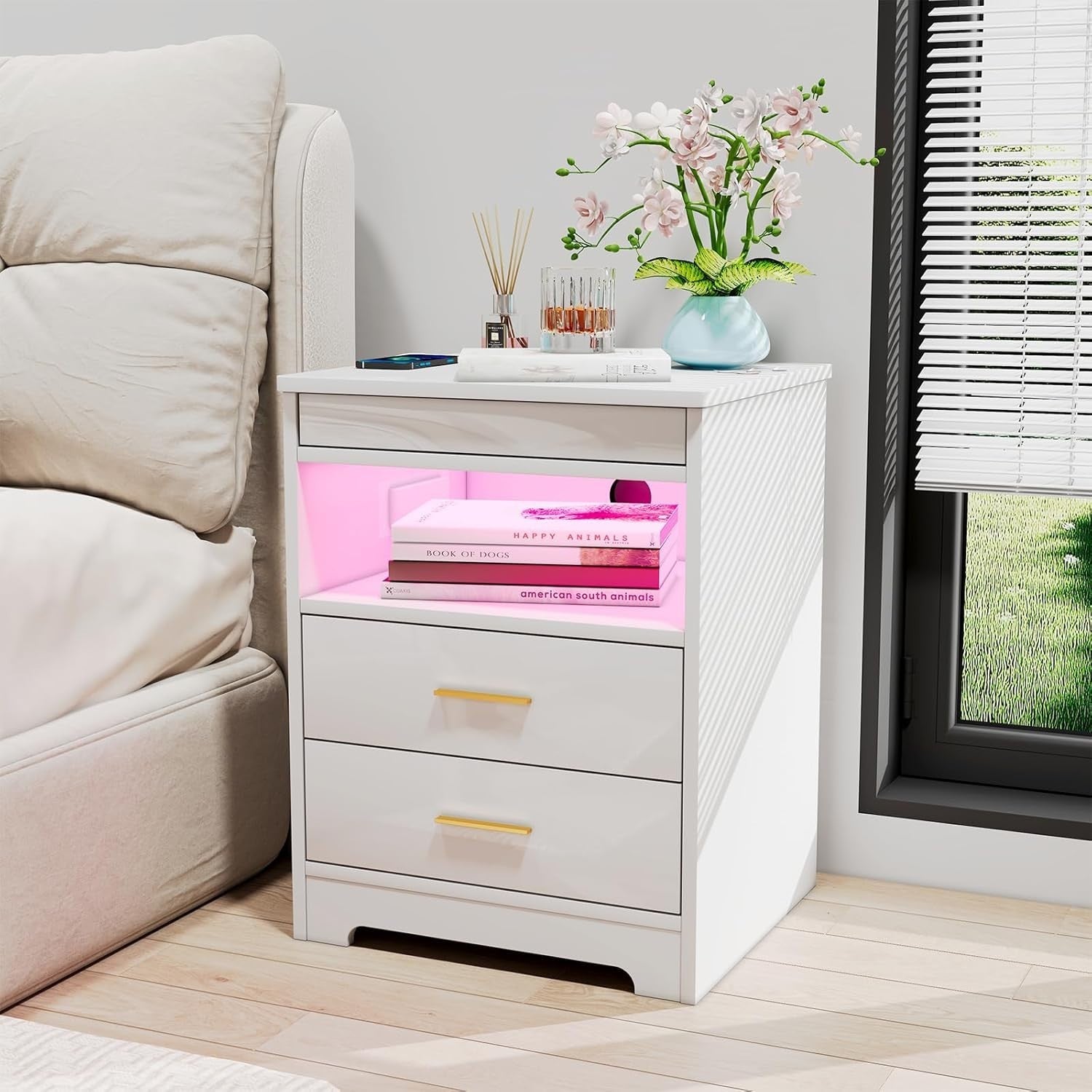 White LED Bedside Table with USB Charging Ports, Lockable Drawers & RGB Lights