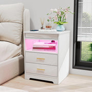 White LED Bedside Table with USB Charging Ports, Lockable Drawers & RGB Lights