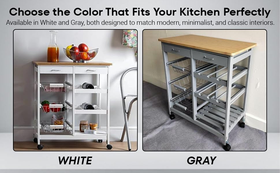Kitchen Trolley on Wheels with Drawers Basket Storage Lockable White Island