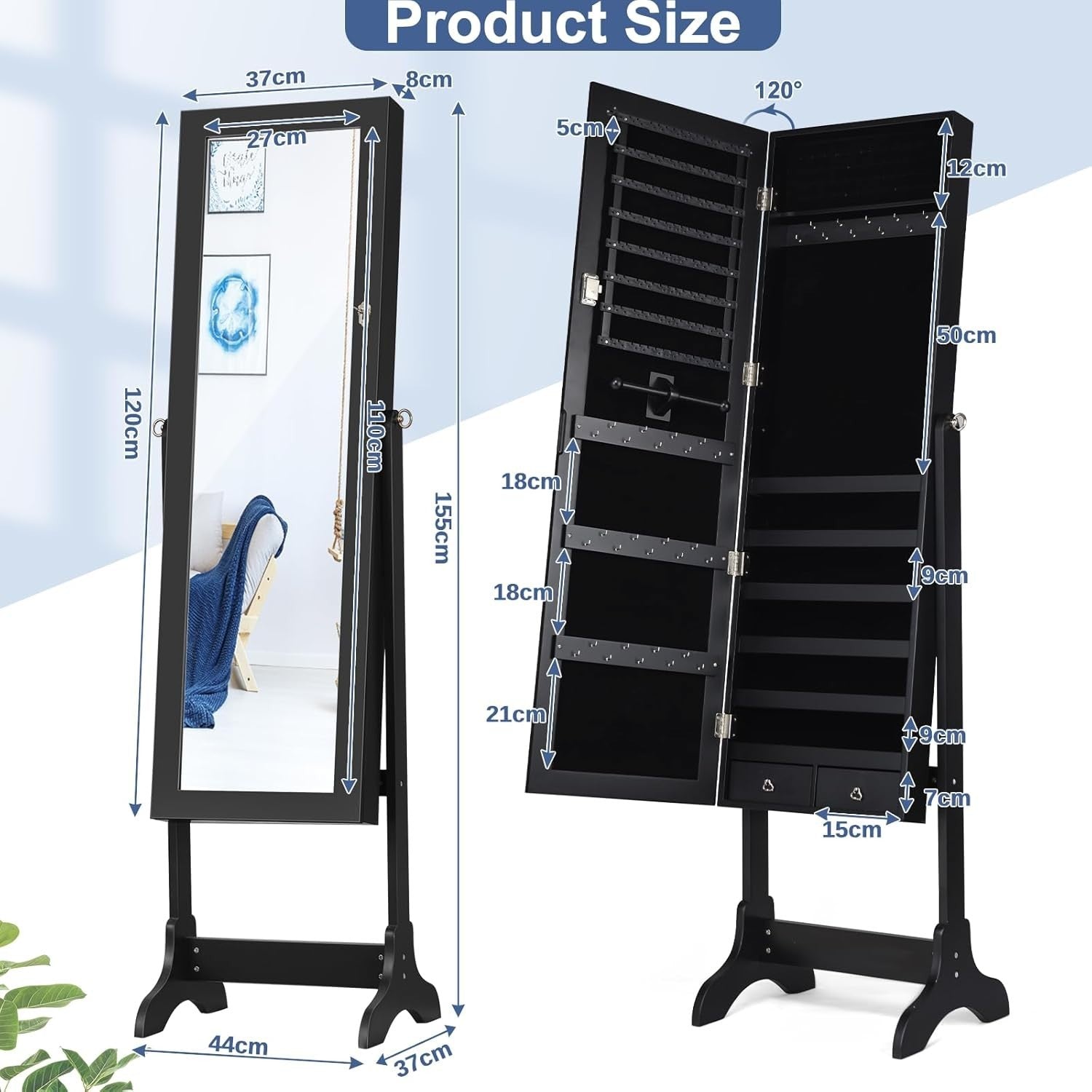 Lockable Standing Jewelry Armoire Mirror Adjustable Angle Storage Cabinet Black