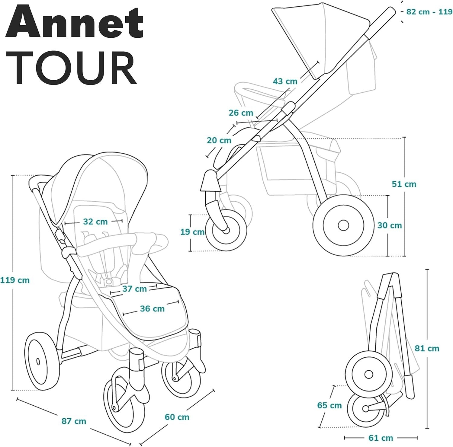 All Terrain Pushchair Lie Flat Newborn–4Y 22kg Foldable Stroller Carbon