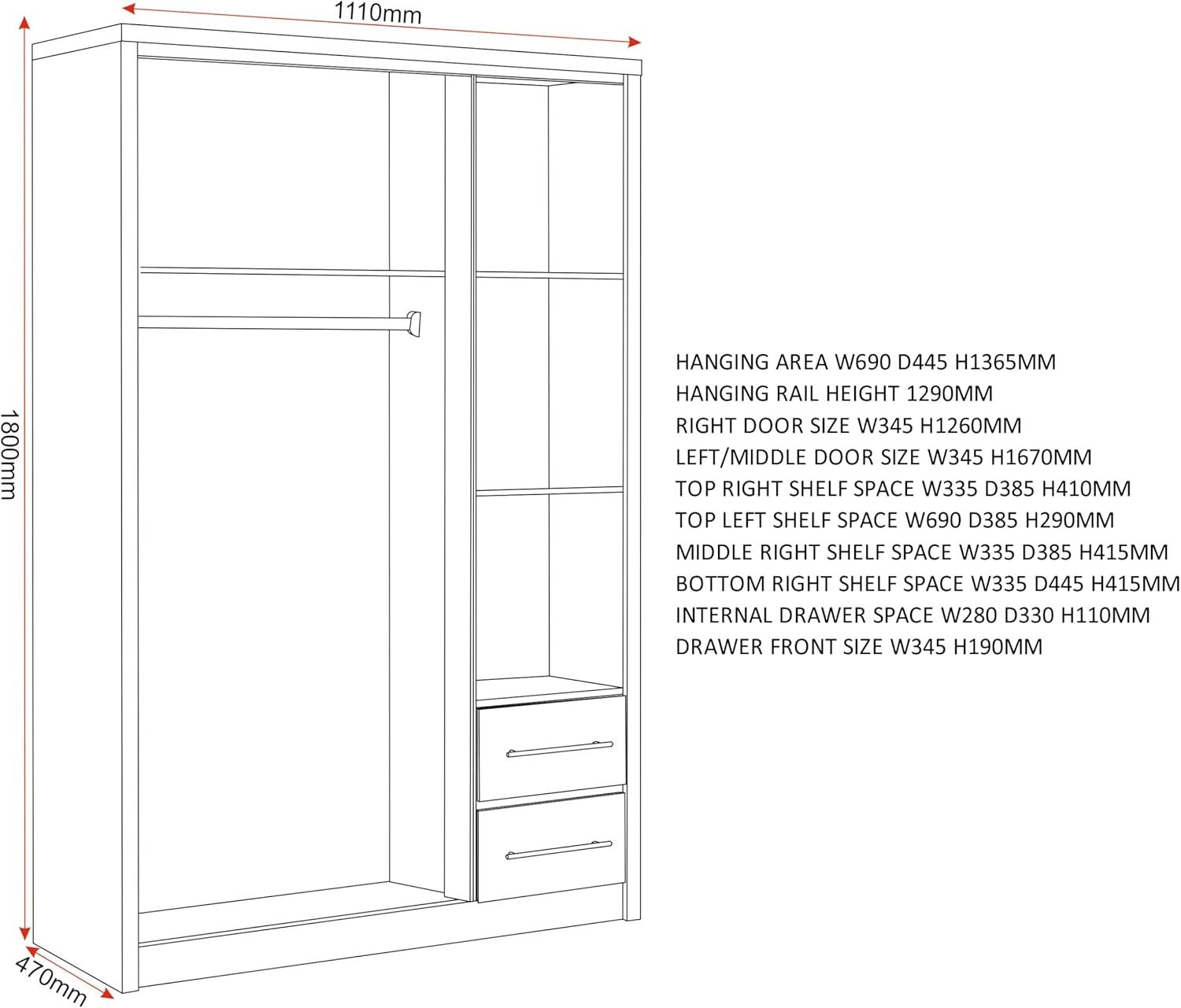 White Gloss 3 Door Wardrobe with 2 Drawers Oak Effect – Lockable Storage