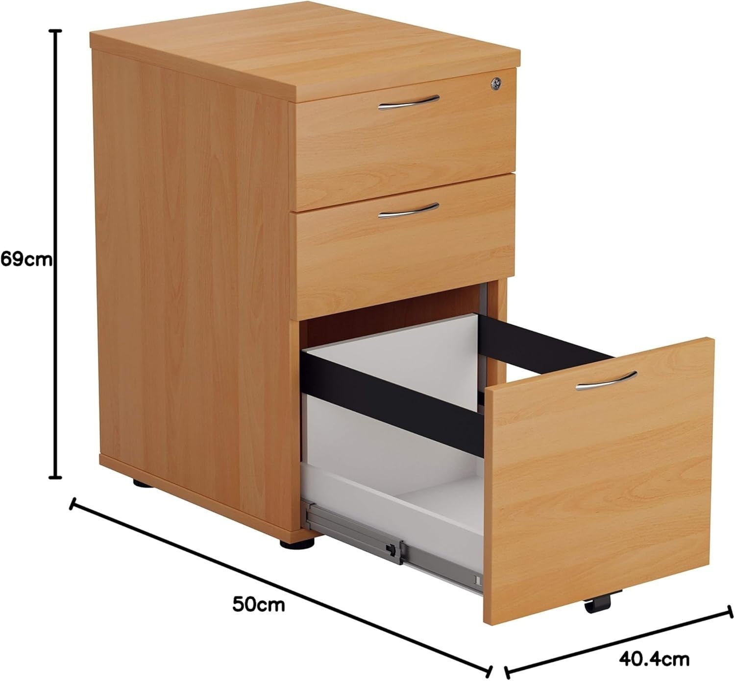 Beech Under Desk Filing Cabinet 3 Drawer Lockable A4 Foolscap