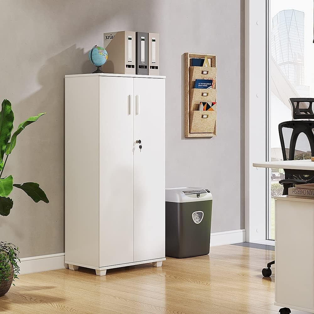 White Tall Lockable Storage Cabinet 2 Door Slim Office Filing Cupboard