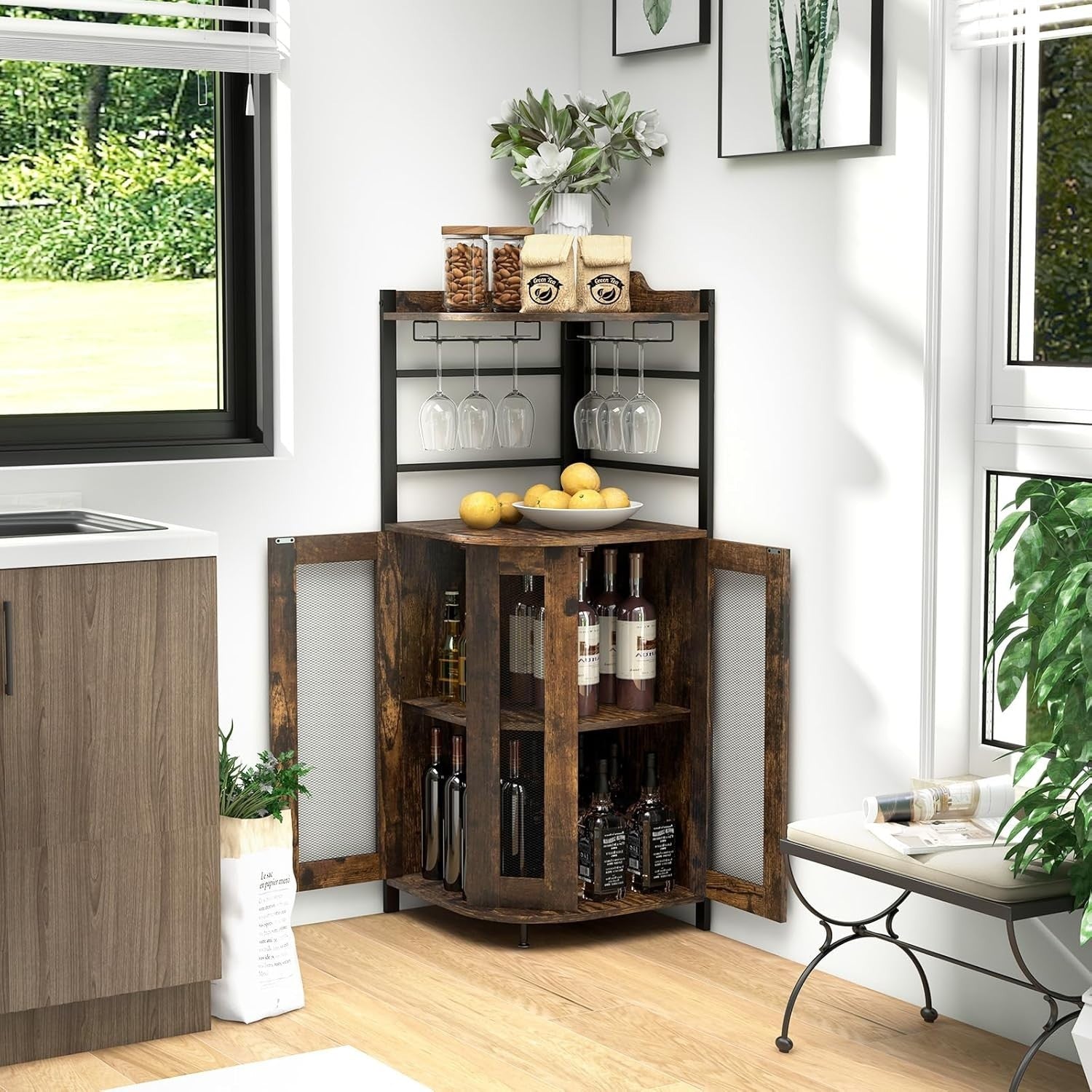 Corner Bar Cabinet Rustic Wine Storage with Glass Holder Mesh Doors