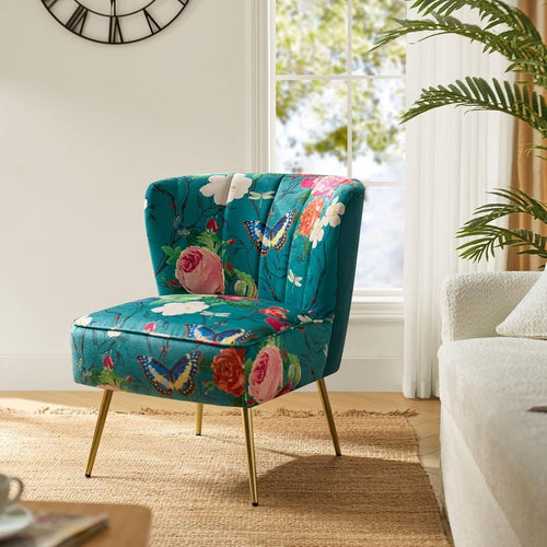 Blue Fabric Upholstered Accent Dining Chair – Comfy Cushion & Gold Metal Legs
