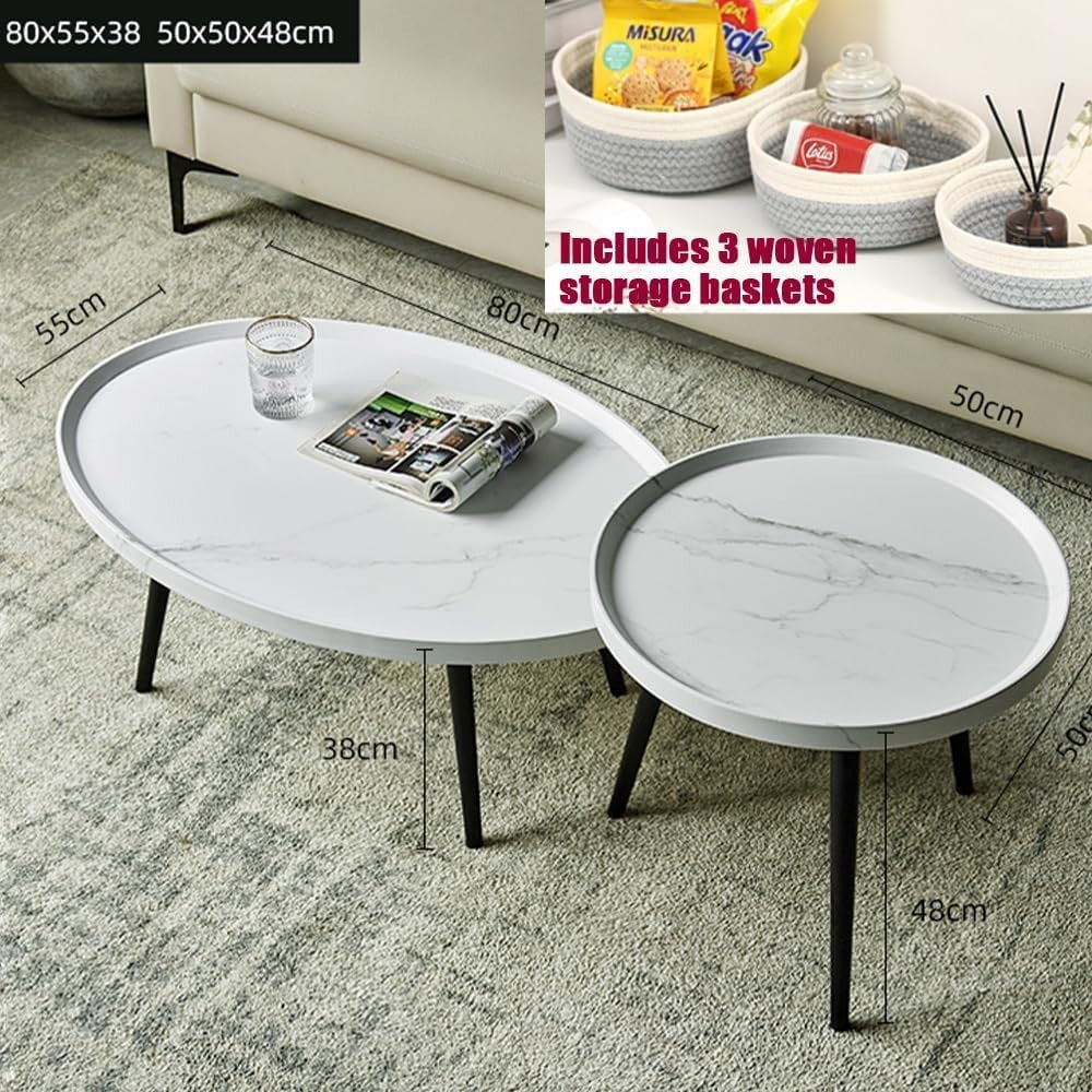 White Nesting Coffee Table Set Oval & Round Wood Living Room Storage Side End