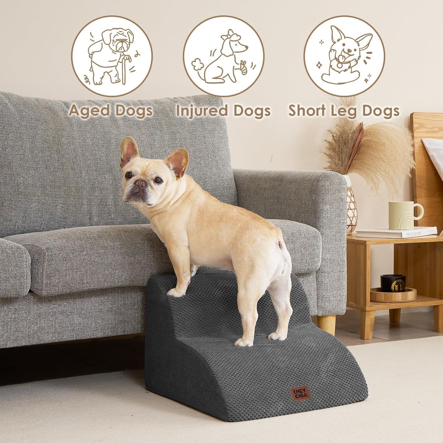2 Step Dog Stairs for Sofa Non Slip Foam Pet Steps Washable Grey