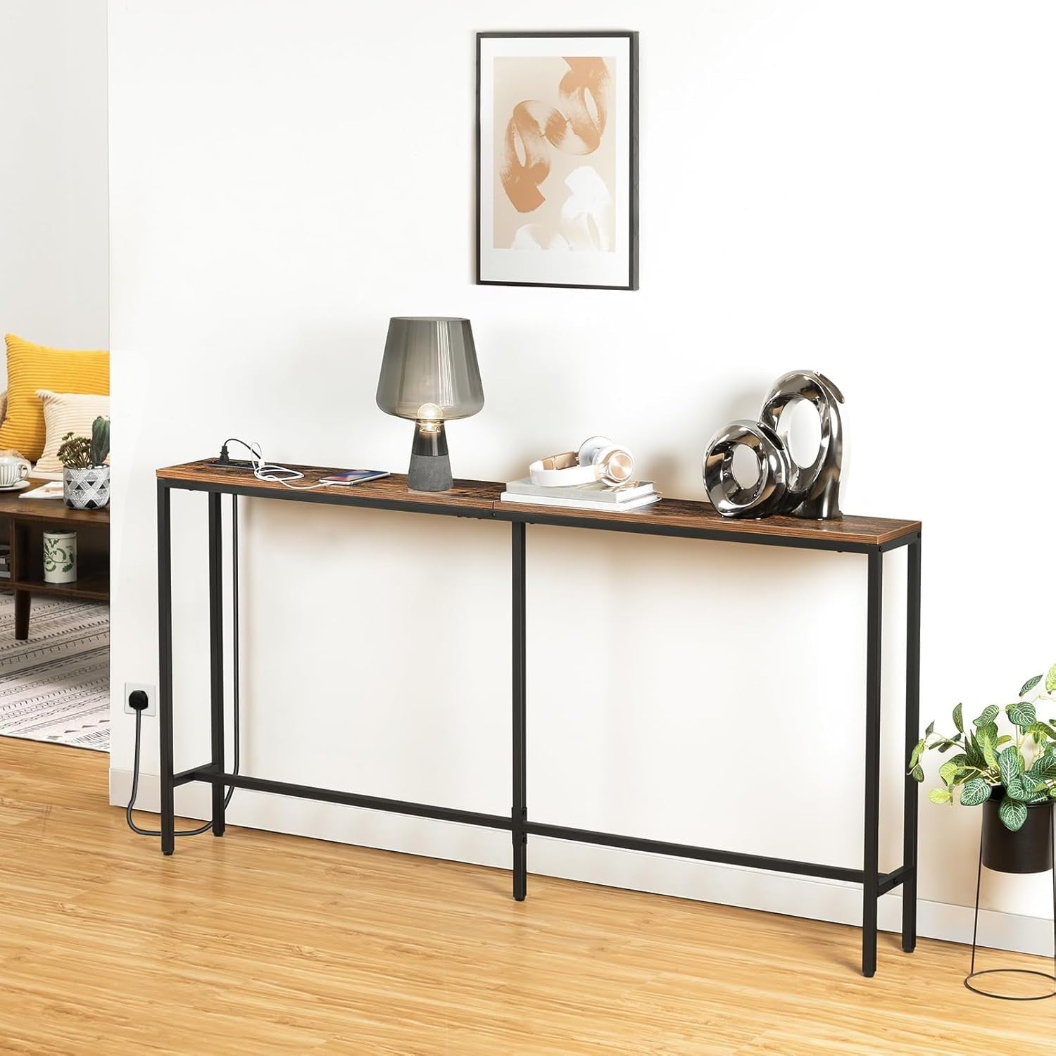 Console Table with Power Outlet USB Ports, Narrow Sofa Table 160cm
