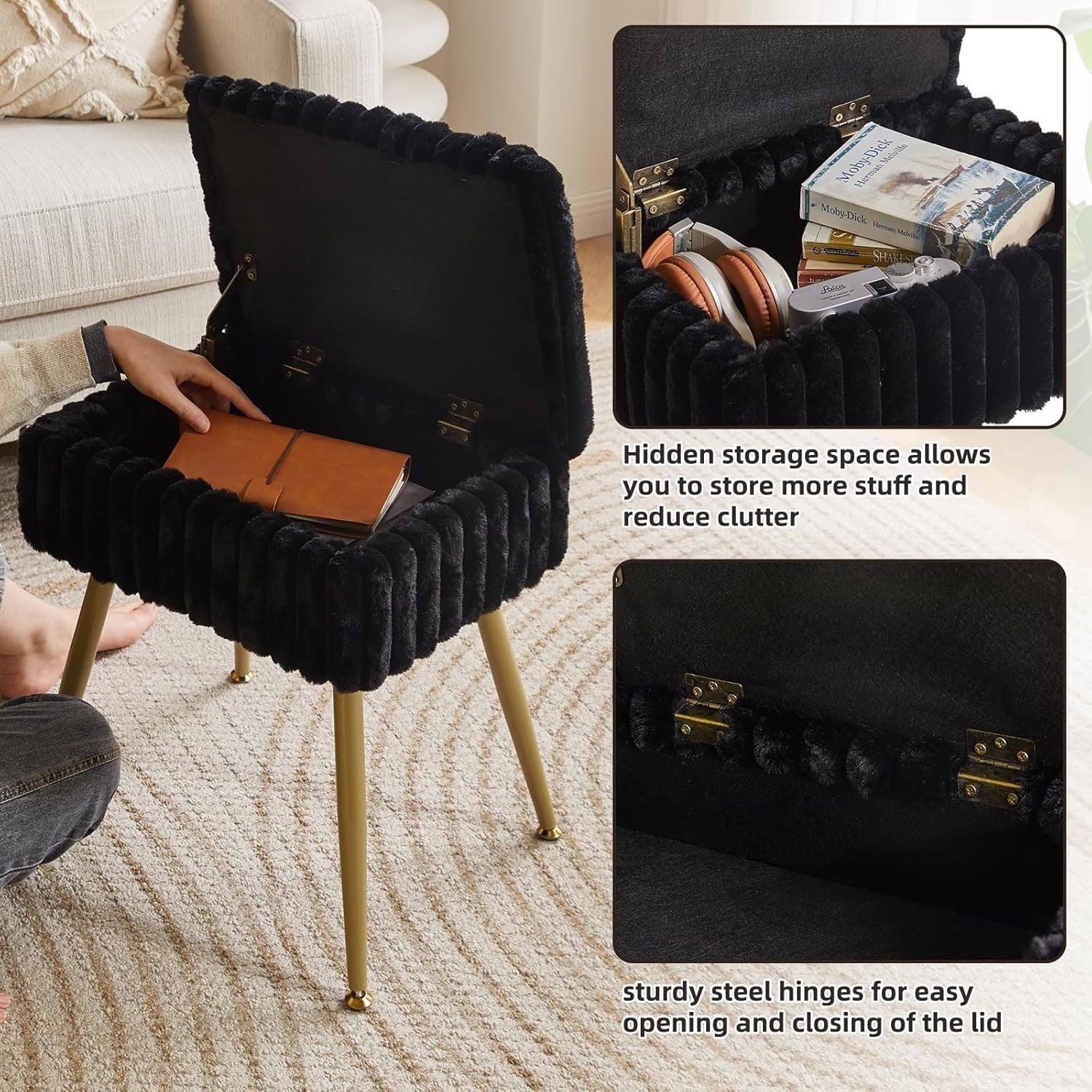 Black Velvet Vanity Stool with Storage – Rectangular Makeup Chair