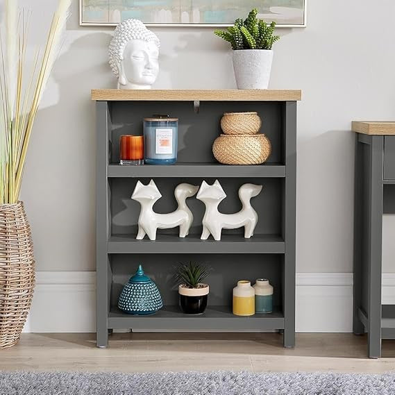 Modern Low Bookcase Unit with 3 Shelves – Oak Effect & Dark Grey Storage
