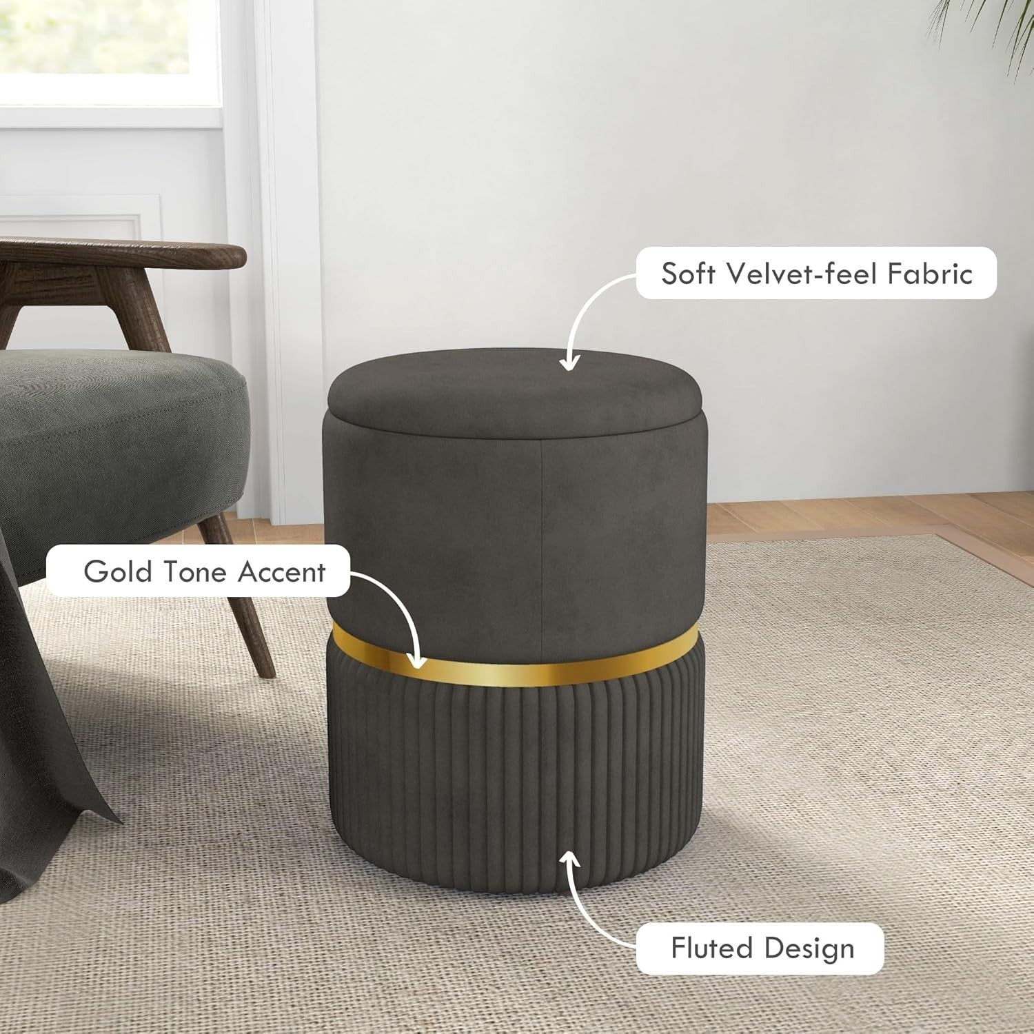 Grey Velvet Round Storage Stool Ottoman Padded Seat Footstool Vanity Chair