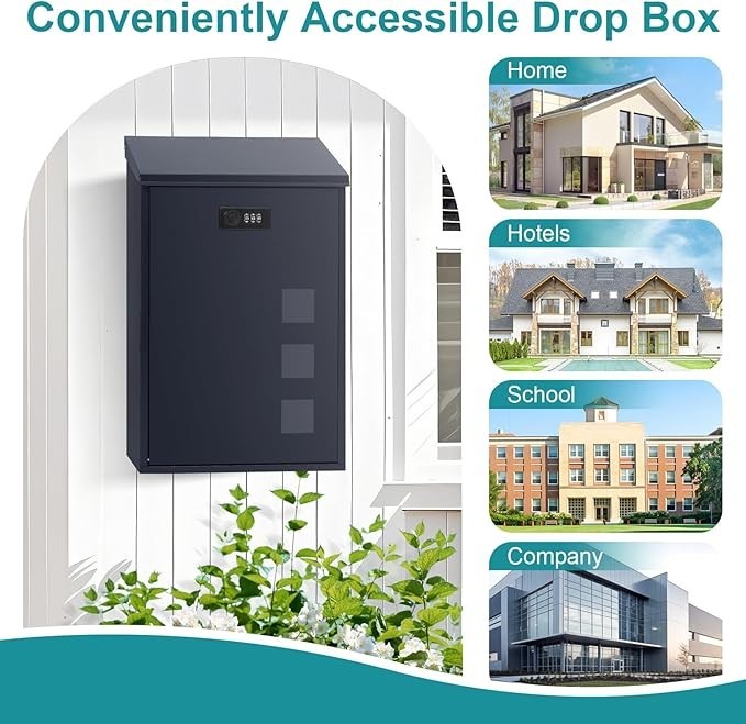 Wall Mounted Steel Mailbox Black Combination Lock Weatherproof 40x25x10cm