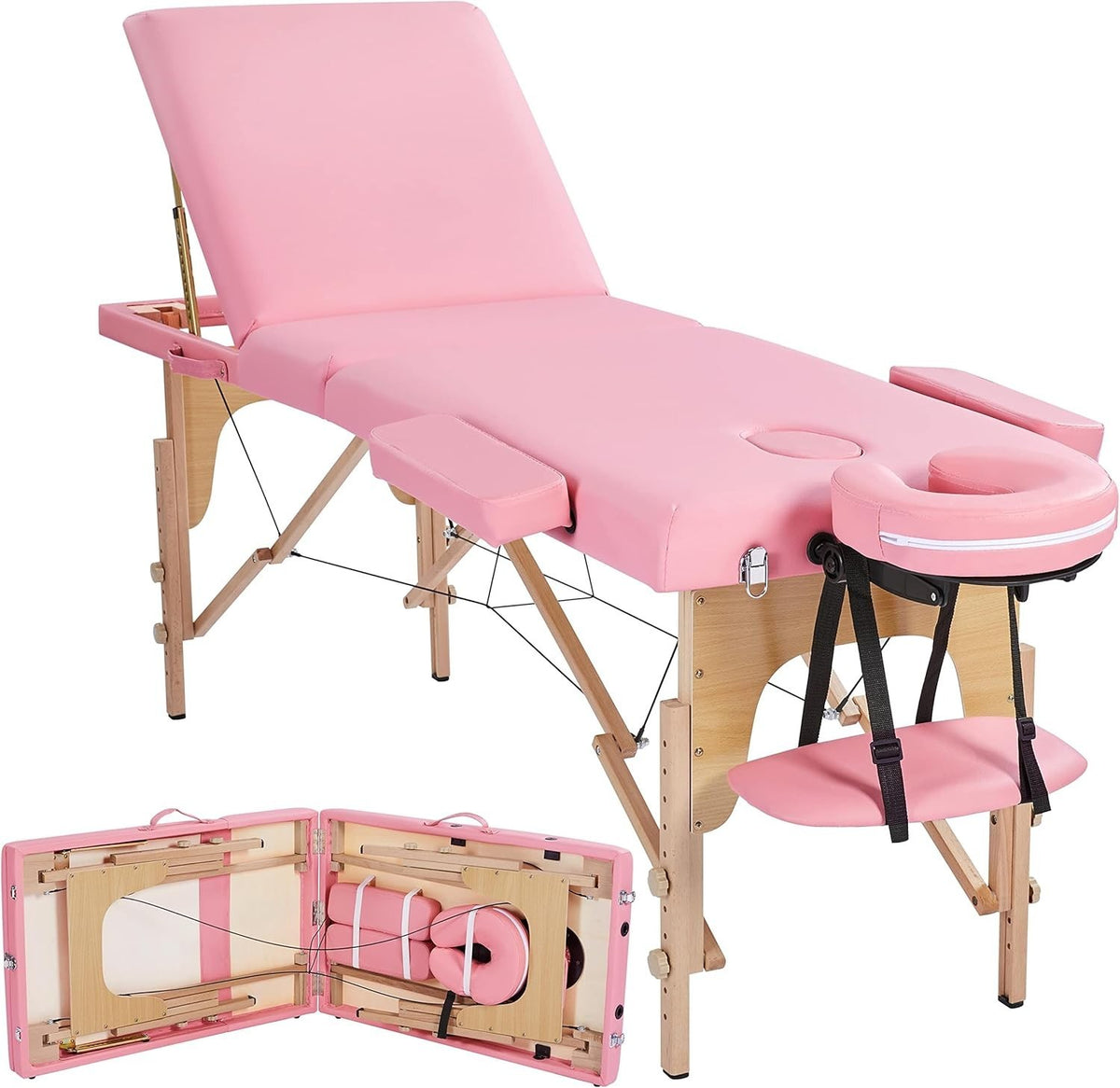 Adjustable 3-Section Folding Massage Table Beauty Lash Bed Portable Pink 60cm