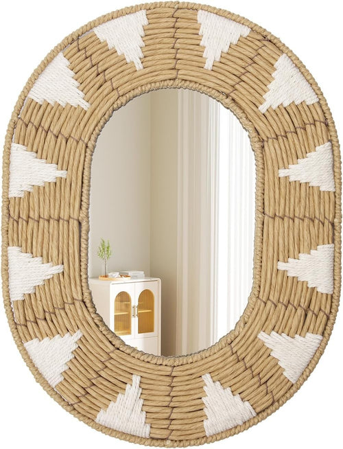 Oval Rattan Wall Mirror Boho Rustic Handwoven Home Decor 42x32cm