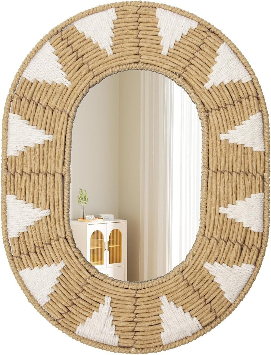 Oval Rattan Wall Mirror Boho Rustic Handwoven Home Decor 42x32cm
