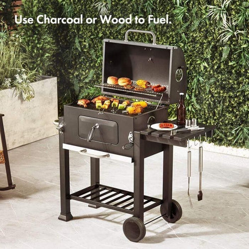 American Style Charcoal BBQ Grill w/ Temp Control, Shelves & Wheels