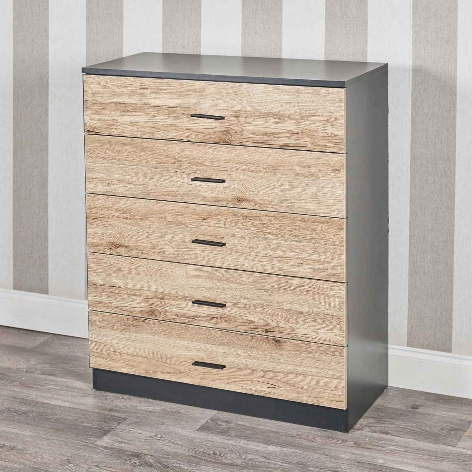 5 Drawer Chest Cabinet Oak Effect Storage Unit Black Bedroom Furniture