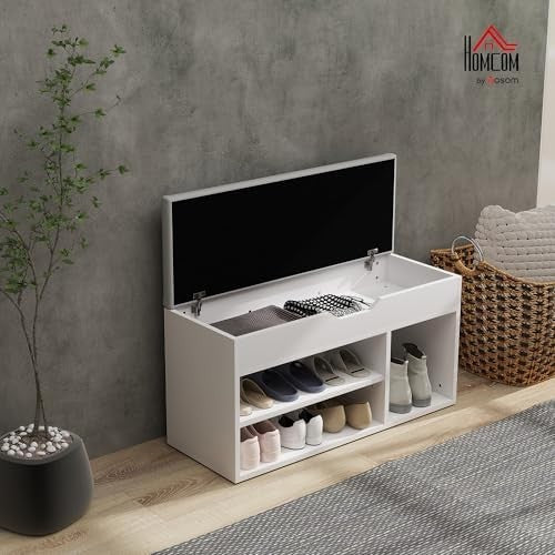 Modern Shoe Storage Bench with Cushion Seat & Hidden Compartment – Cream White
