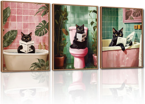 Funny Black Cat Bathroom Framed Canvas Wall Art Set 3 Pink Green Toilet Decor
