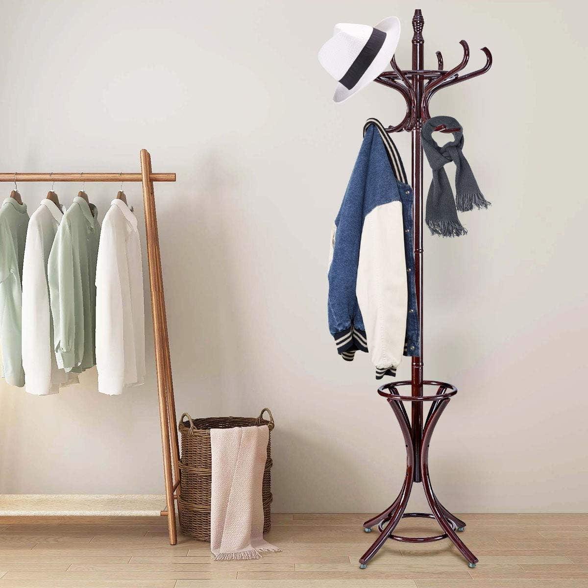Multigot Coat Rack, Wooden Hat Clothes Hall Tree Hanger with Umbrella Holder and