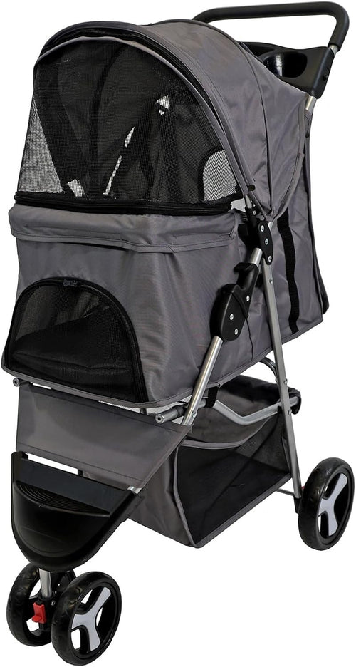 Grey Foldable Pet Stroller 4 Wheel Puppy Pushchair Weather Cover 15kg