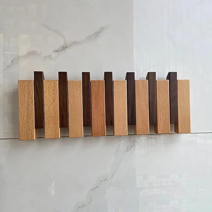 Wooden Wall Mounted Coat Rack | Piano Style Foldable Hooks Entryway Organizer