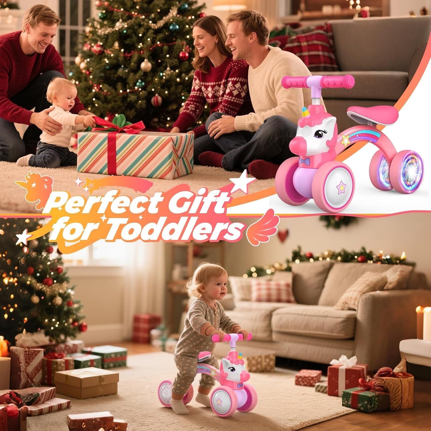 Unicorn Balance Bike Toddler Ride On Toy Light Up Wheels Girls Gift