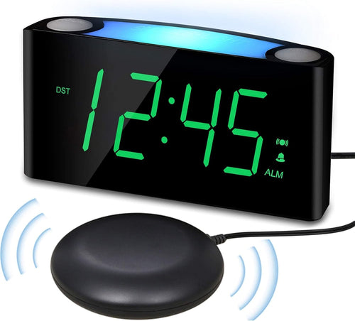 Black Extra Loud Vibrating Alarm Clock Bed Shaker Green LED Display USB