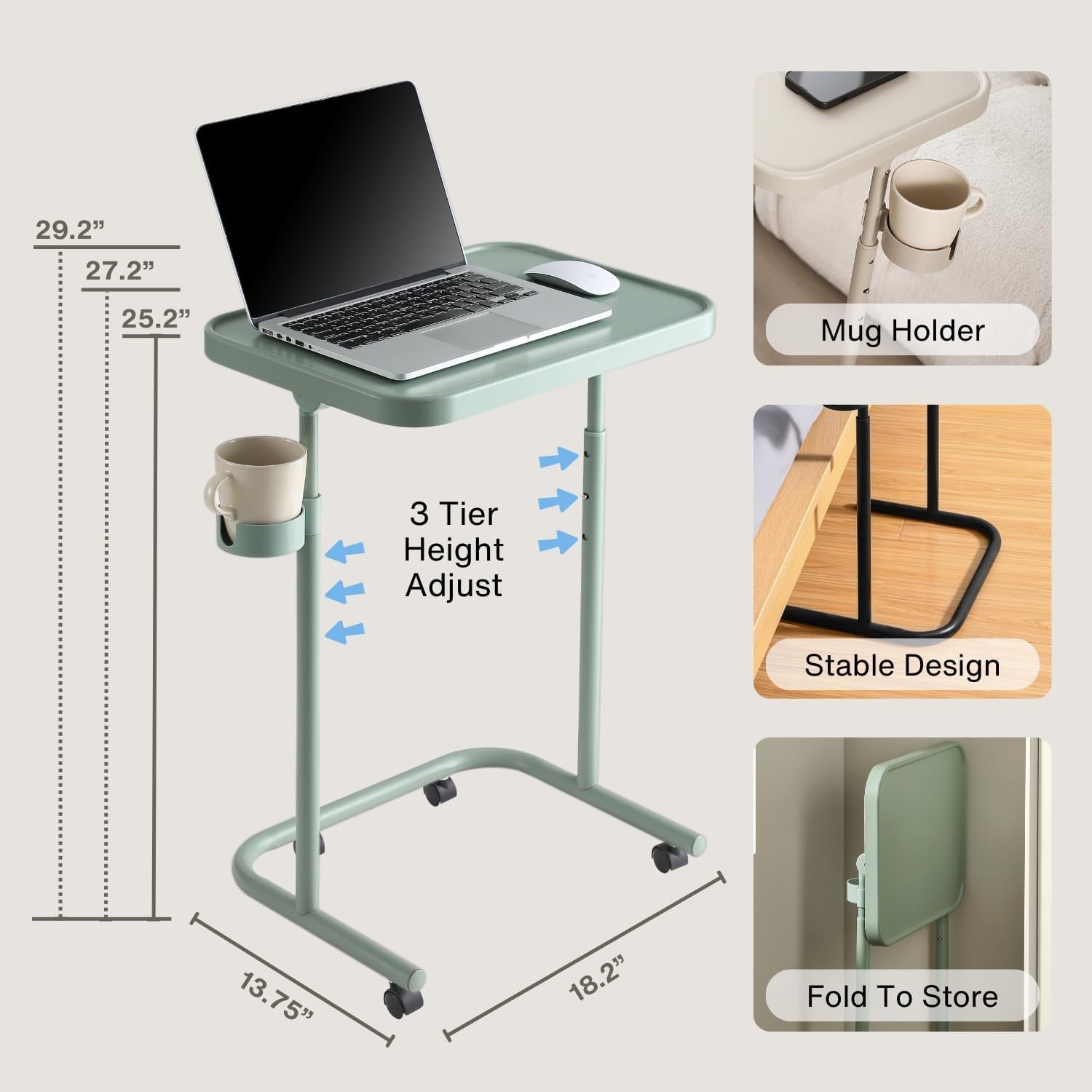 Adjustable TV Tray Table with Wheels Laptop Desk 90° Tilt Height Adjustable Blac