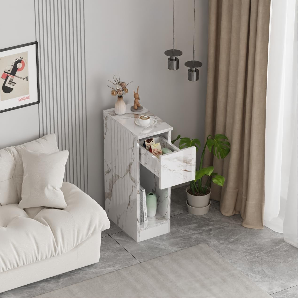 White Marble High Gloss Slim Bedside Table with Drawer & Shelf for Small Spaces