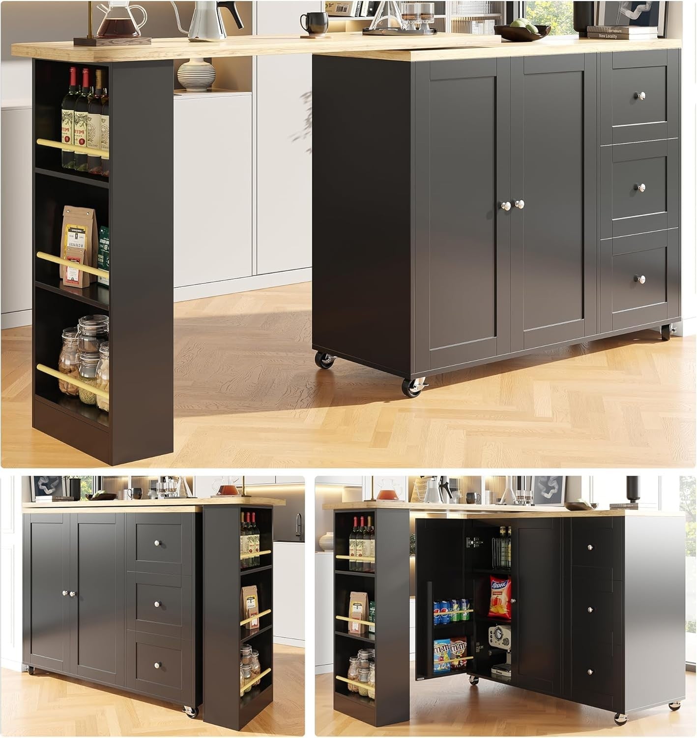 Mobile Kitchen Island Cart with 3 Drawers, 2 Doors & Extendable Table, Black