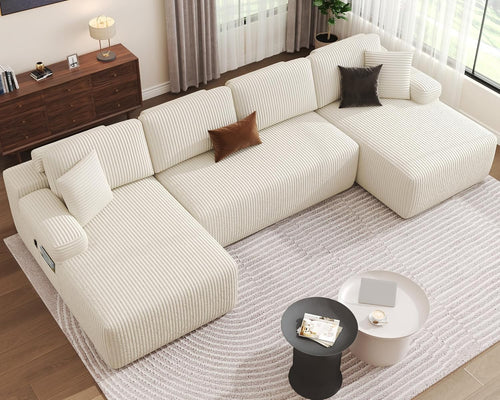 Modular U-Shaped Corduroy Sofa Bed with Memory Foam & Storage Pocket
