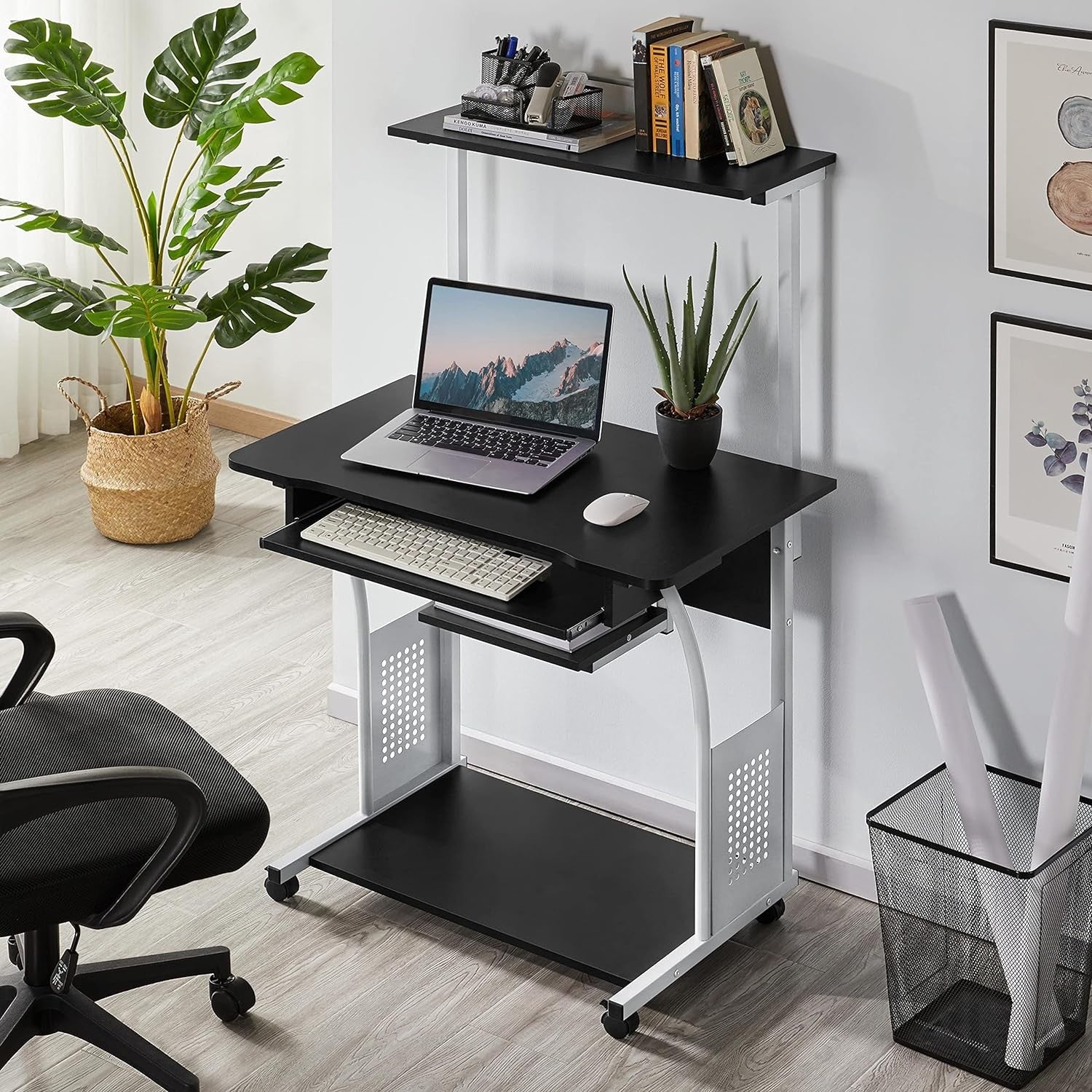 3 Tier Computer Desk with Printer Shelf Keyboard Tray Rolling Home Office