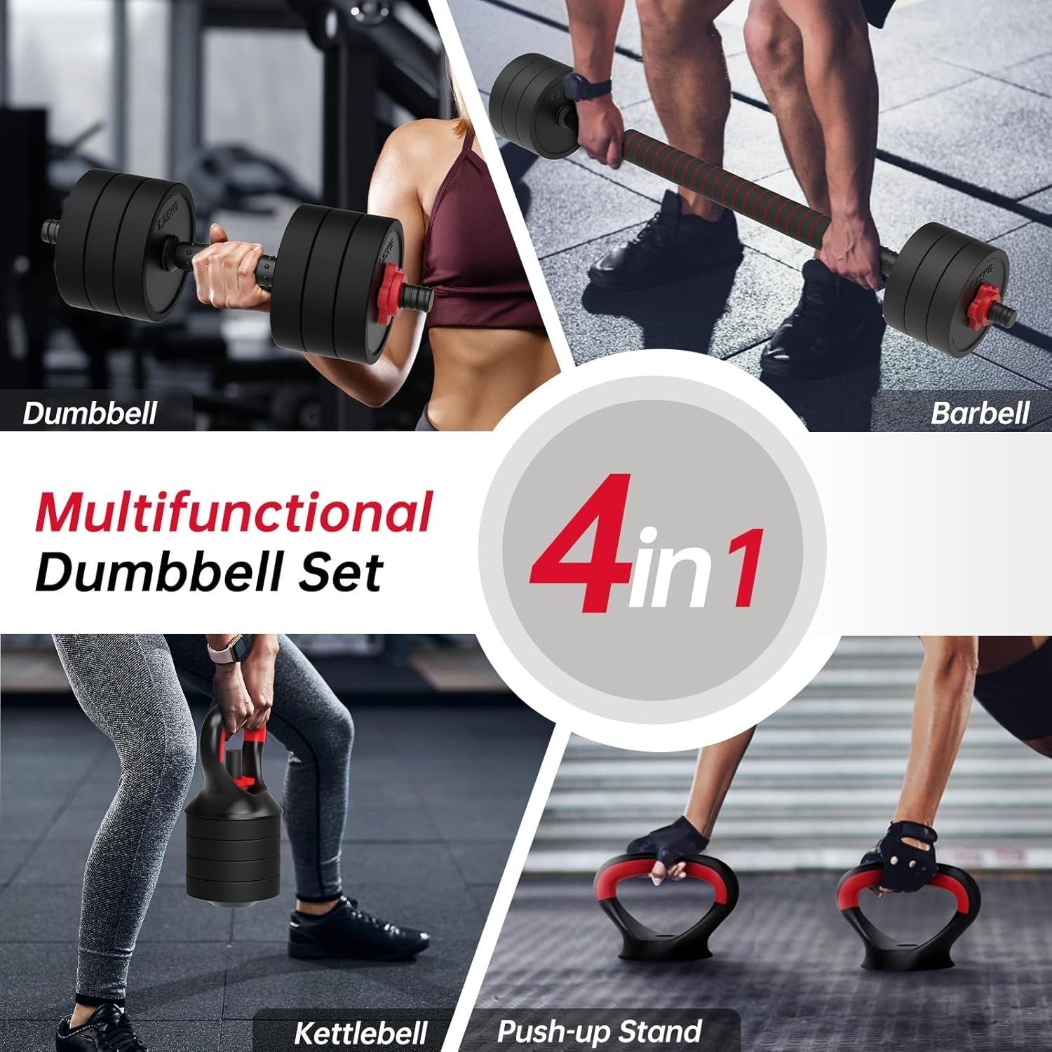 4-in-1 Adjustable Dumbbell Set 10kg Home Gym Barbell Kettlebell Kit