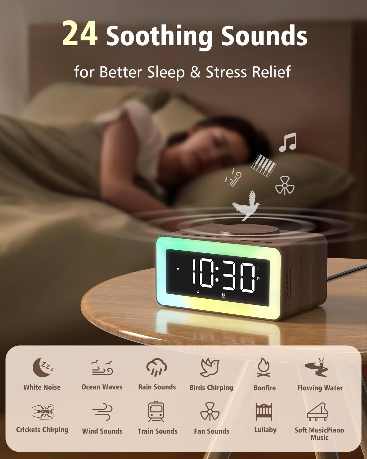5 in 1 Alarm Clock Wireless Charger Bluetooth Speaker White Noise Night Light