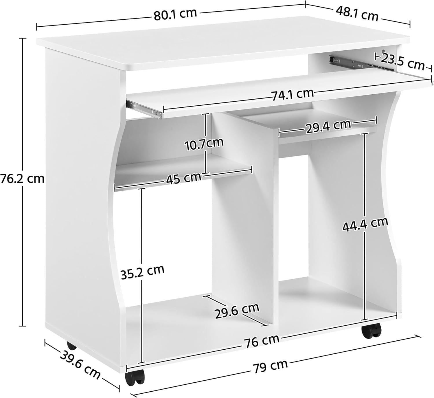 Small Computer Desk on Wheels with Keyboard Tray Storage Shelves Compact Office