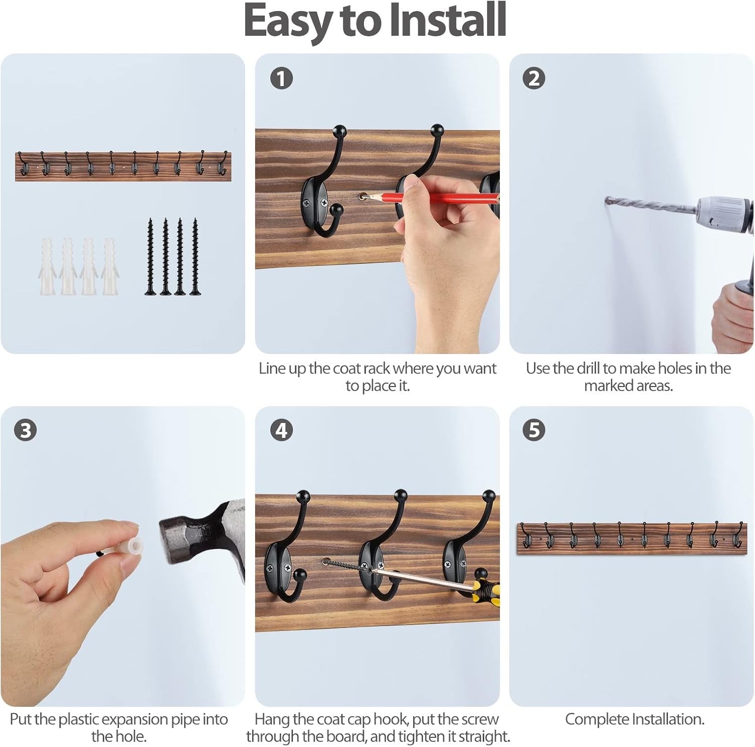 Vintage Wall Mounted Coat Rack 10 Hooks | Wooden Hanging Rack for Coats Hats