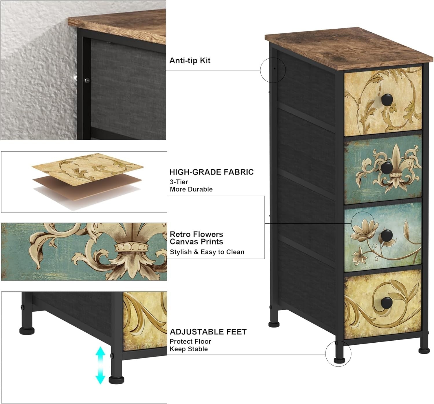 Slim Tall 4 Drawer Rustic Storage Cabinet Unit for Hallway Bedroom
