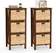 2x Walnut 3-Tier Bedside Tables with Seagrass Baskets | Rustic Tall Nightstands
