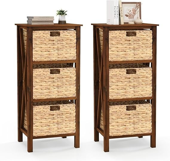 2x Walnut 3-Tier Bedside Tables with Seagrass Baskets | Rustic Tall Nightstands