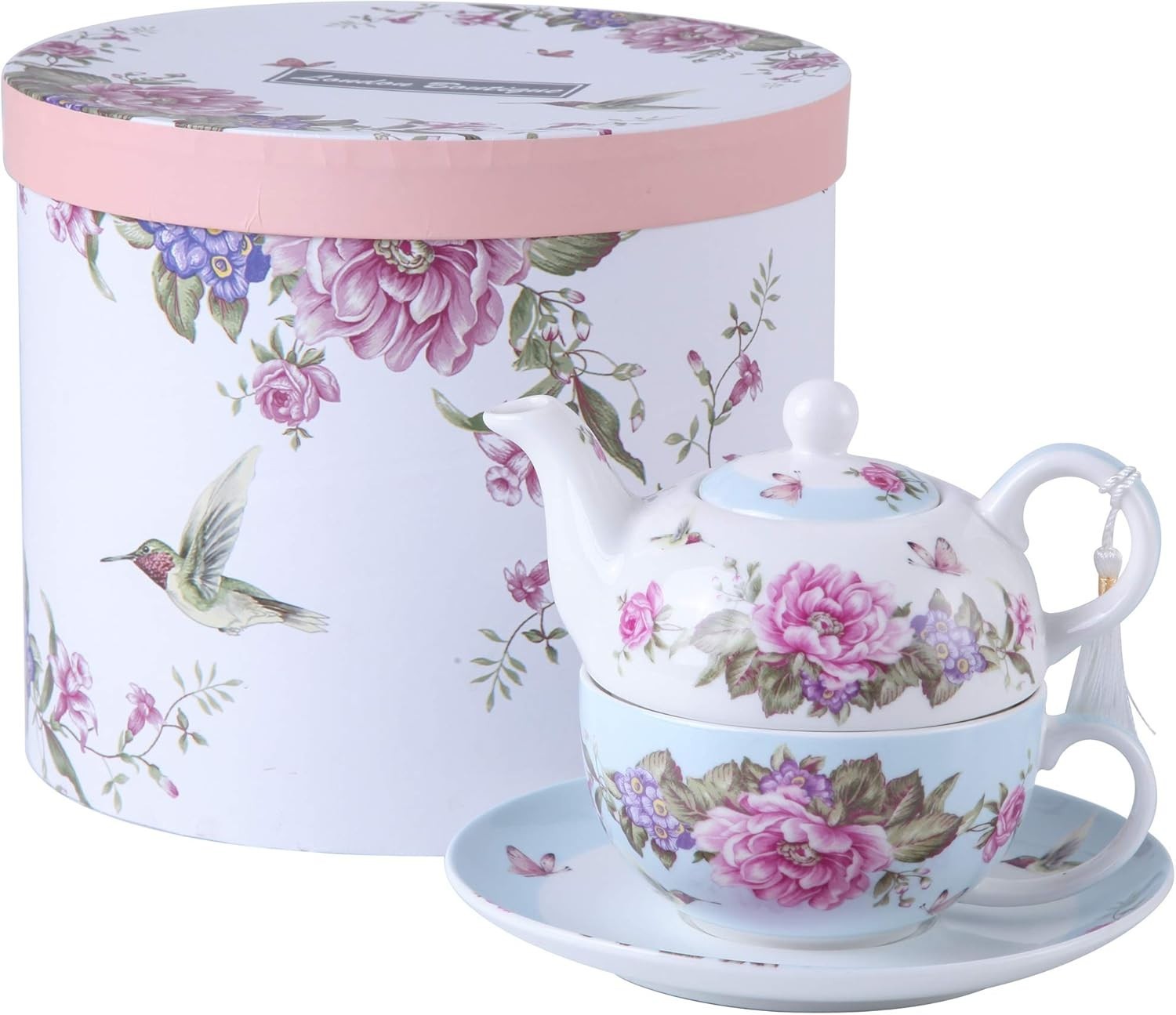 Tea For One Teapot Cup Saucer Set Blue Floral Bird Rose Gift Box