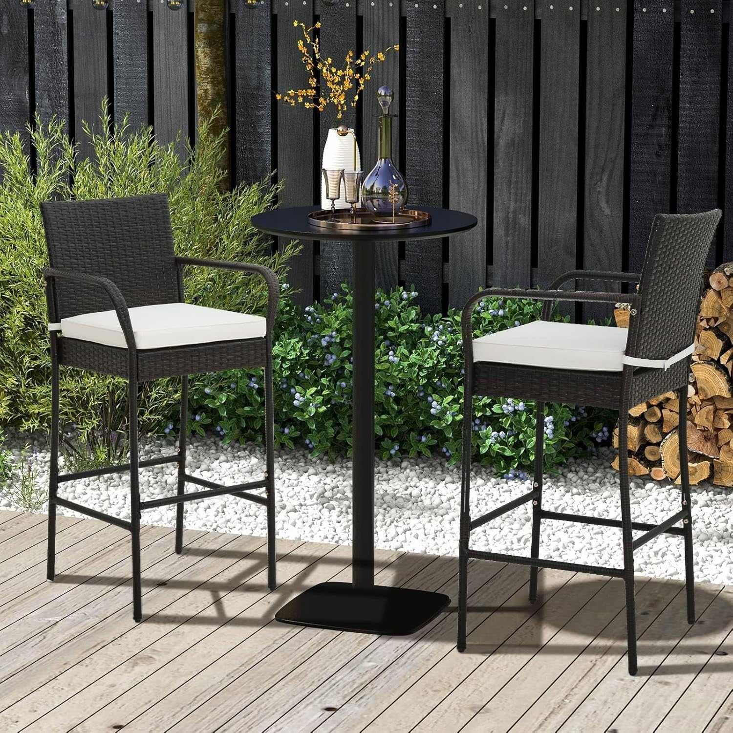 Rattan Bar Stools Set of 4 High Back Counter Chairs Cushions Footrest