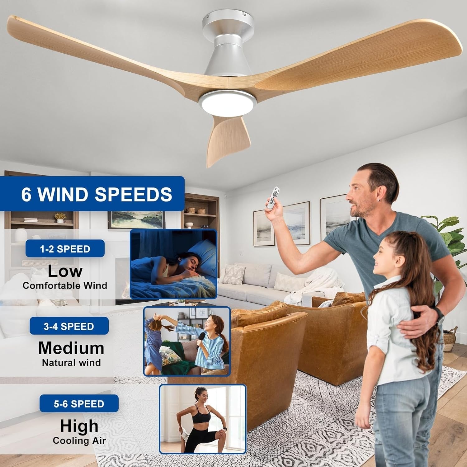 52" Ceiling Fan Light, 3-Blade Grainy Wood LED, Quiet Reversible DC