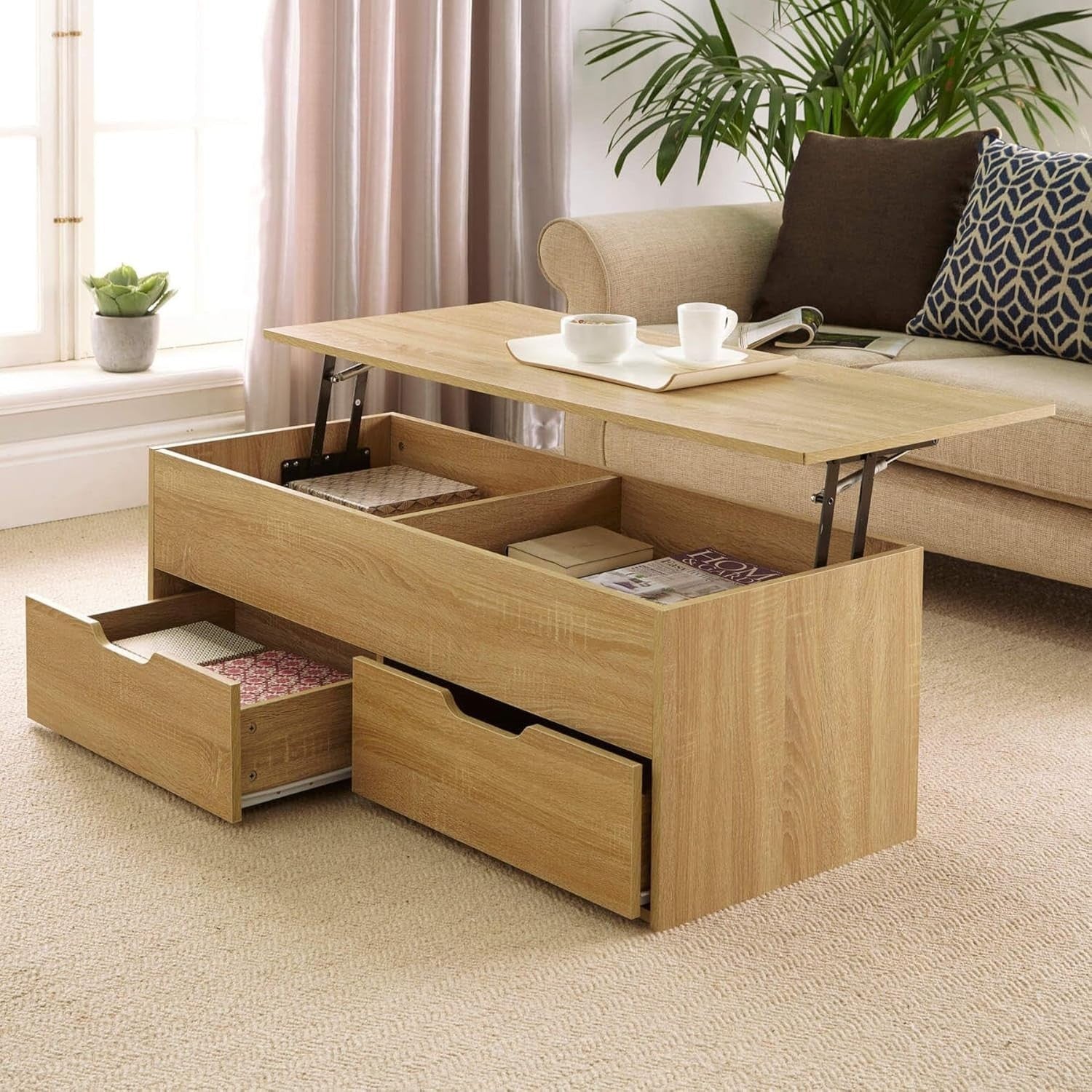 Oak Effect Lift-Top Coffee Table with Locking Storage Drawers 115x50x40cm