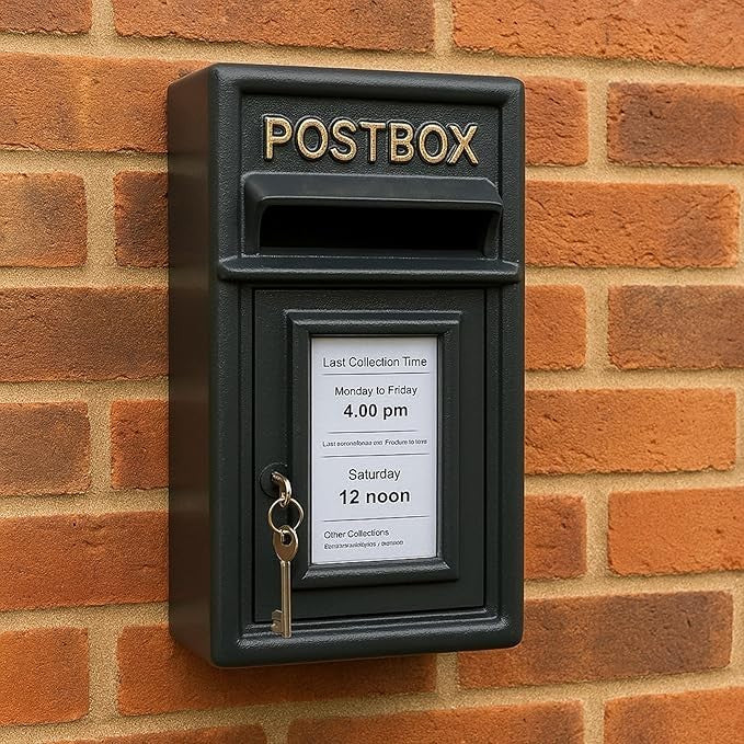 Lockable Cast Iron Wall Post Box Black – Heavy Duty, Vintage Mailbox 44cm
