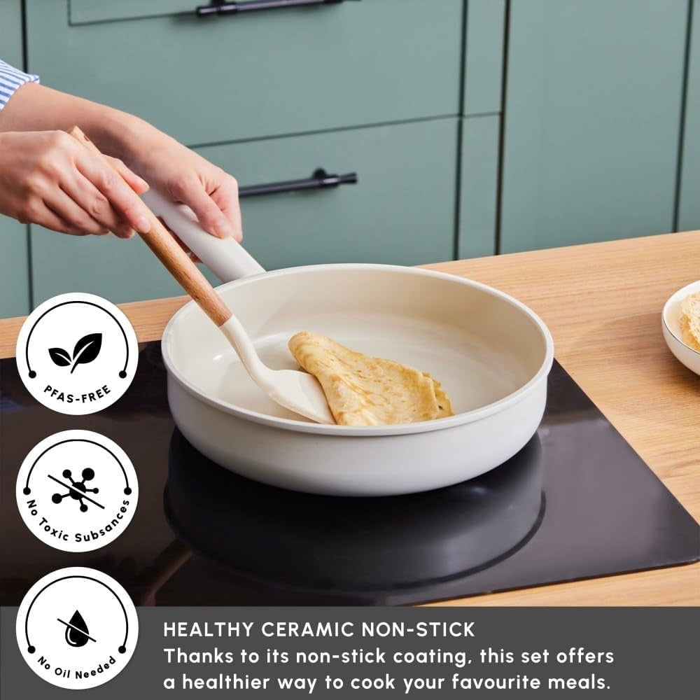 7Pcs White Ceramic Induction Cookware Set with Lids, Non Stick, Dishwasher Safe