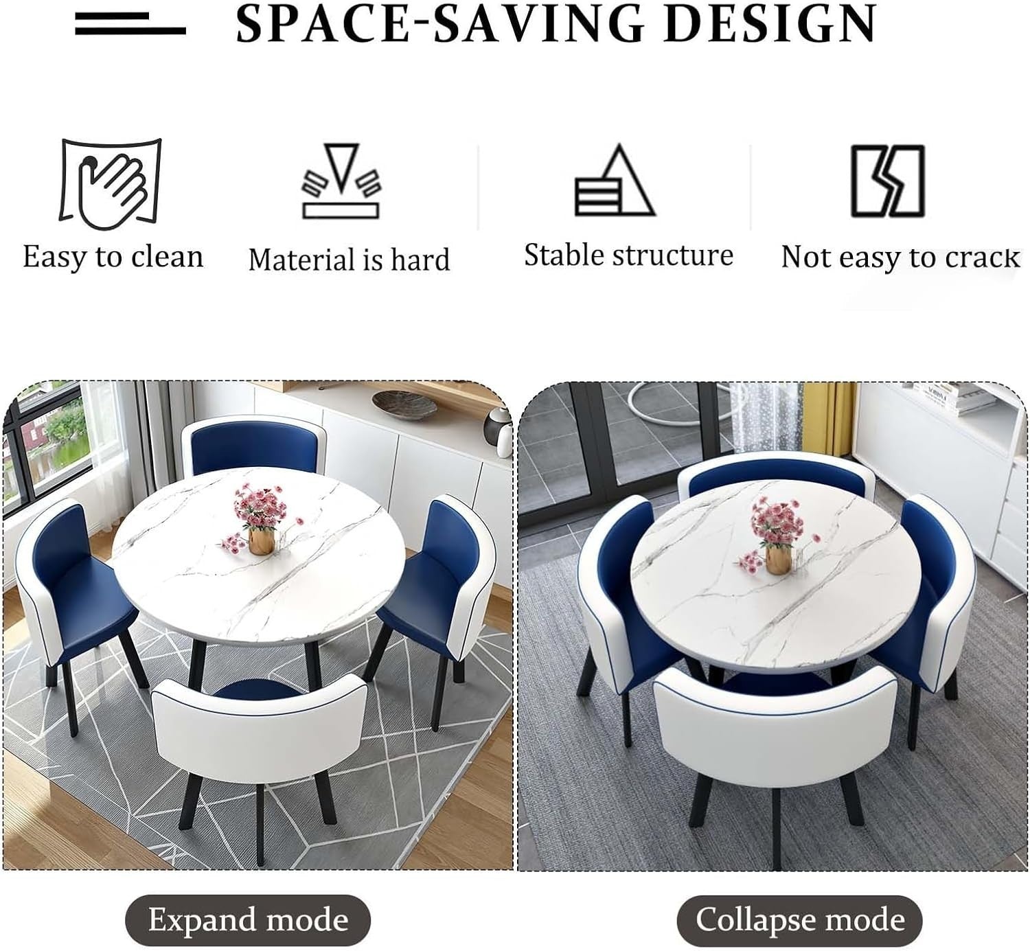 Round Dining Table Set Blue 4 Chairs, Faux Leather Space Saving Modern Kitchen