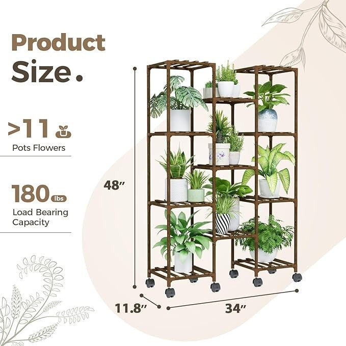 Wooden Plant Stand with Wheels Indoor Outdoor Multi-Shelf Flower Rack